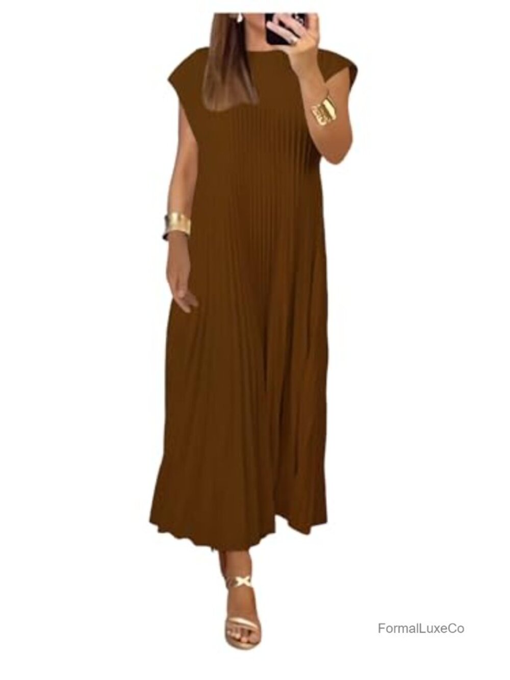 Women's Pleated Midi Dress Cap Sleeve Loose Fit Crew Neck Casual